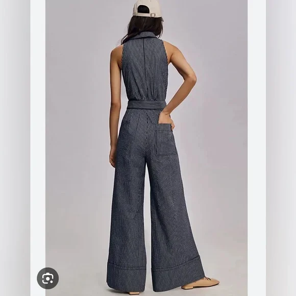 Anthropologie Navy Pinstripe Jumpsuit - Picture 2 of 6